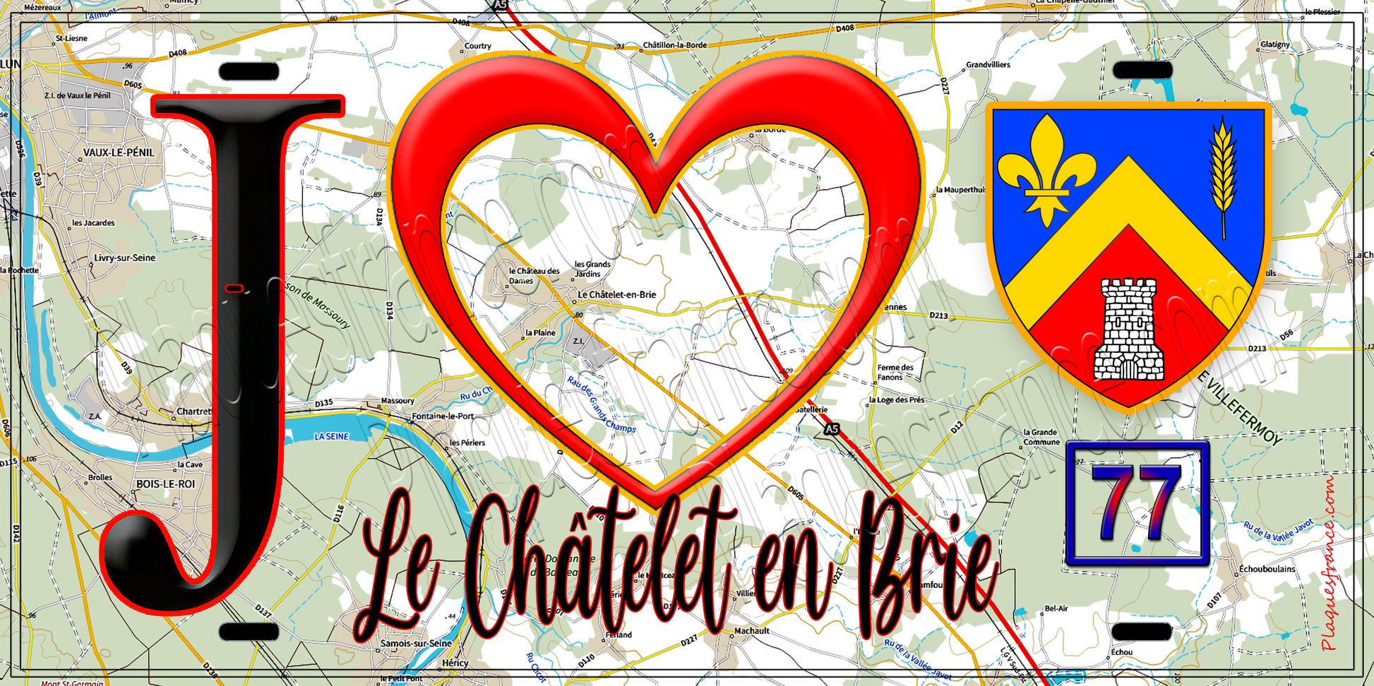 Plaque métal décorative  J' ❤️Le Châtelet-en-Brie, Seine et Marne (77) fond carte