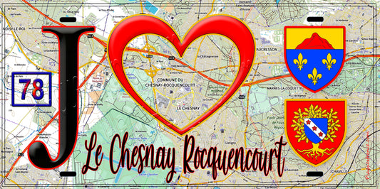 Plaque métal décorative  J' ❤️ Le Chesnay-Rocquencourt, Yvelines (78) fond carte