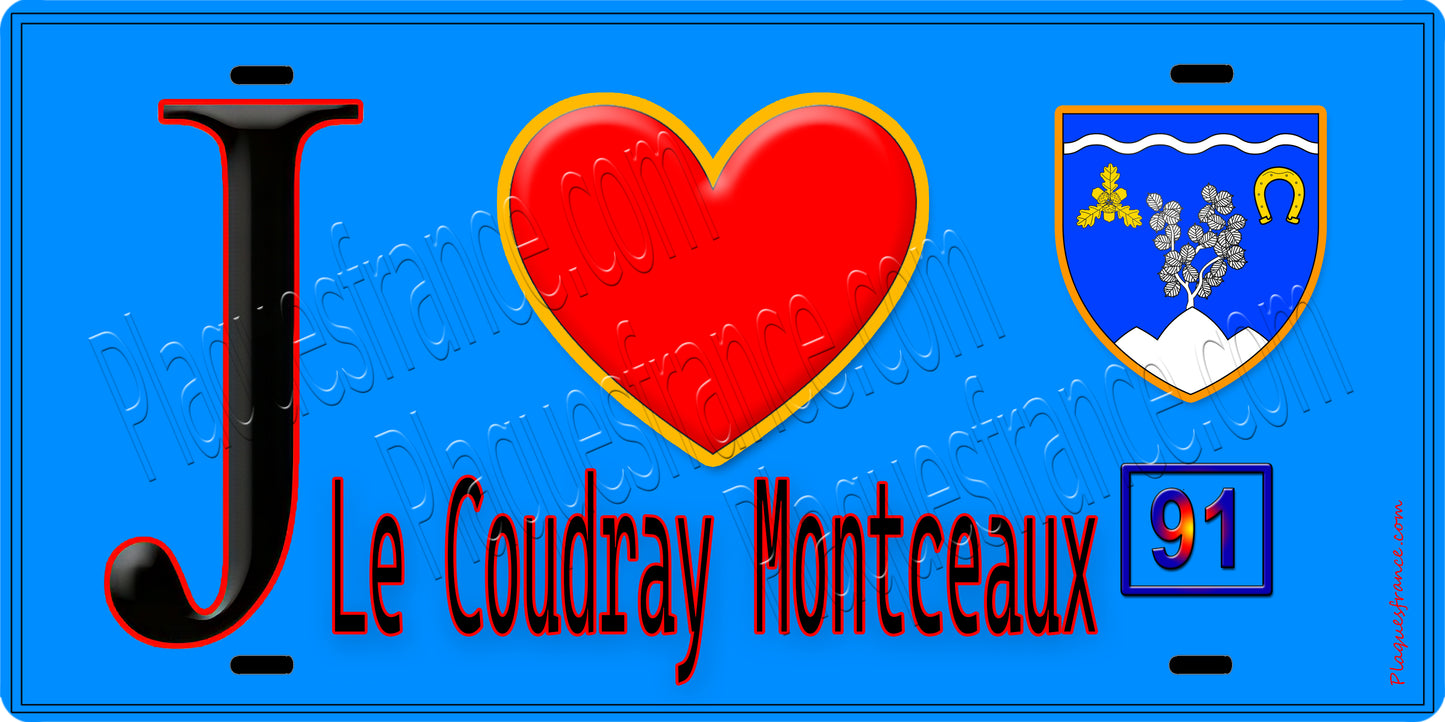 Plaque métal décorative  J' ❤️Le Coudray-Montceaux, Essonne (91) fond bleu
