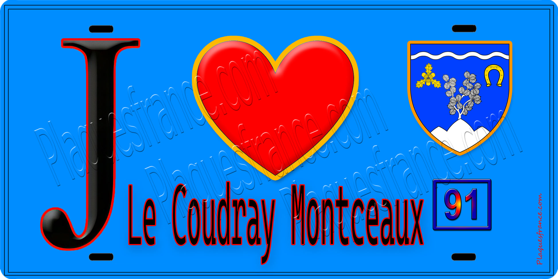 Plaque métal décorative  J' ❤️Le Coudray-Montceaux, Essonne (91) fond bleu