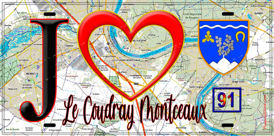 Plaque métal décorative  J' ❤️Le Coudray-Montceaux, Essonne (91) fond carte