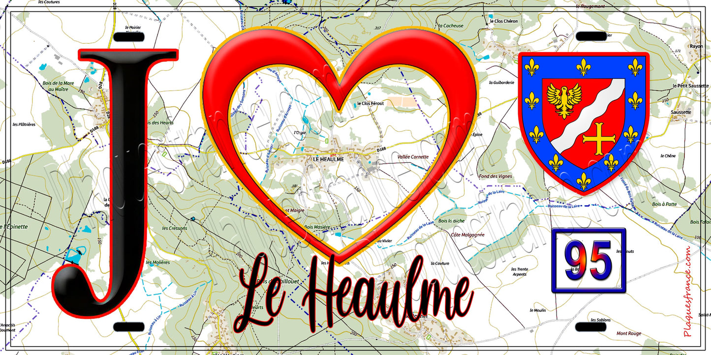 Plaque métal décorative  J' ❤️Le Heaulme, Val d'Oise (95) fond carte