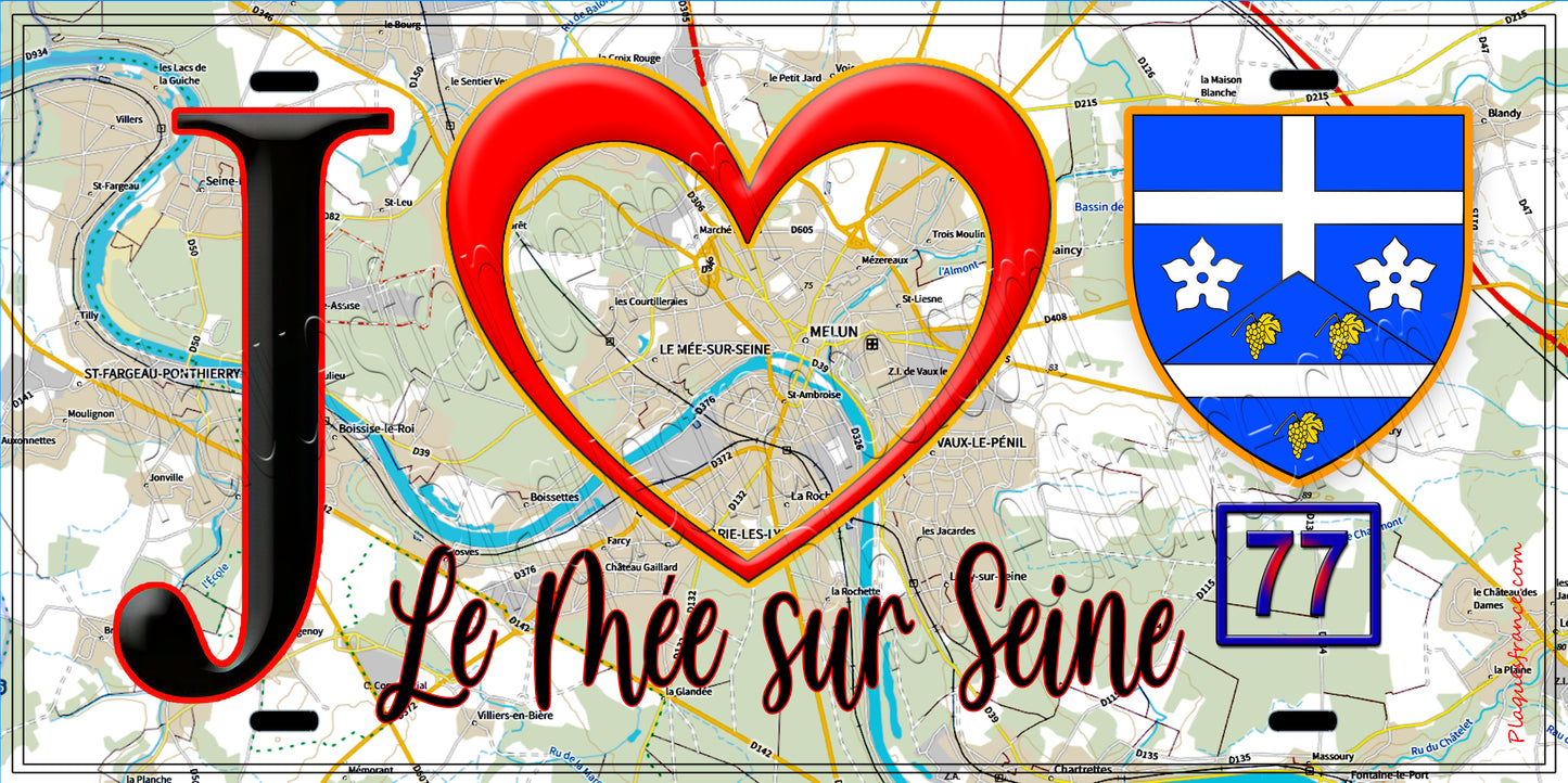 Plaque métal décorative  J' ❤️Le Mée-sur-Seine, Seine et Marne (77) fond carte