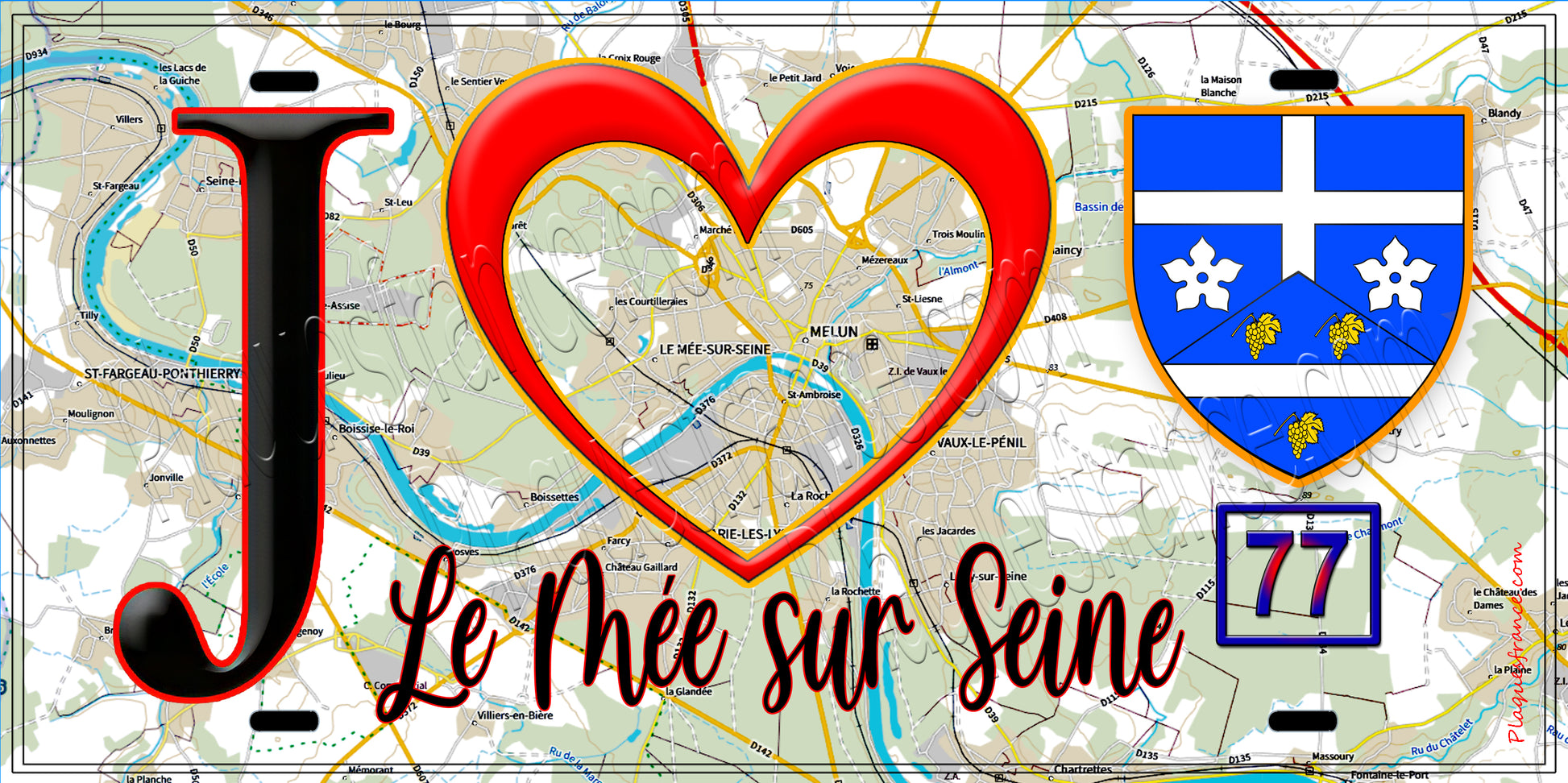 Plaque métal décorative  J' ❤️Le Mée-sur-Seine, Seine et Marne (77) fond carte