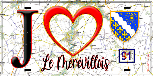 Plaque métal décorative  J' ❤️Le Mérévillois, Essonne (91) fond carte