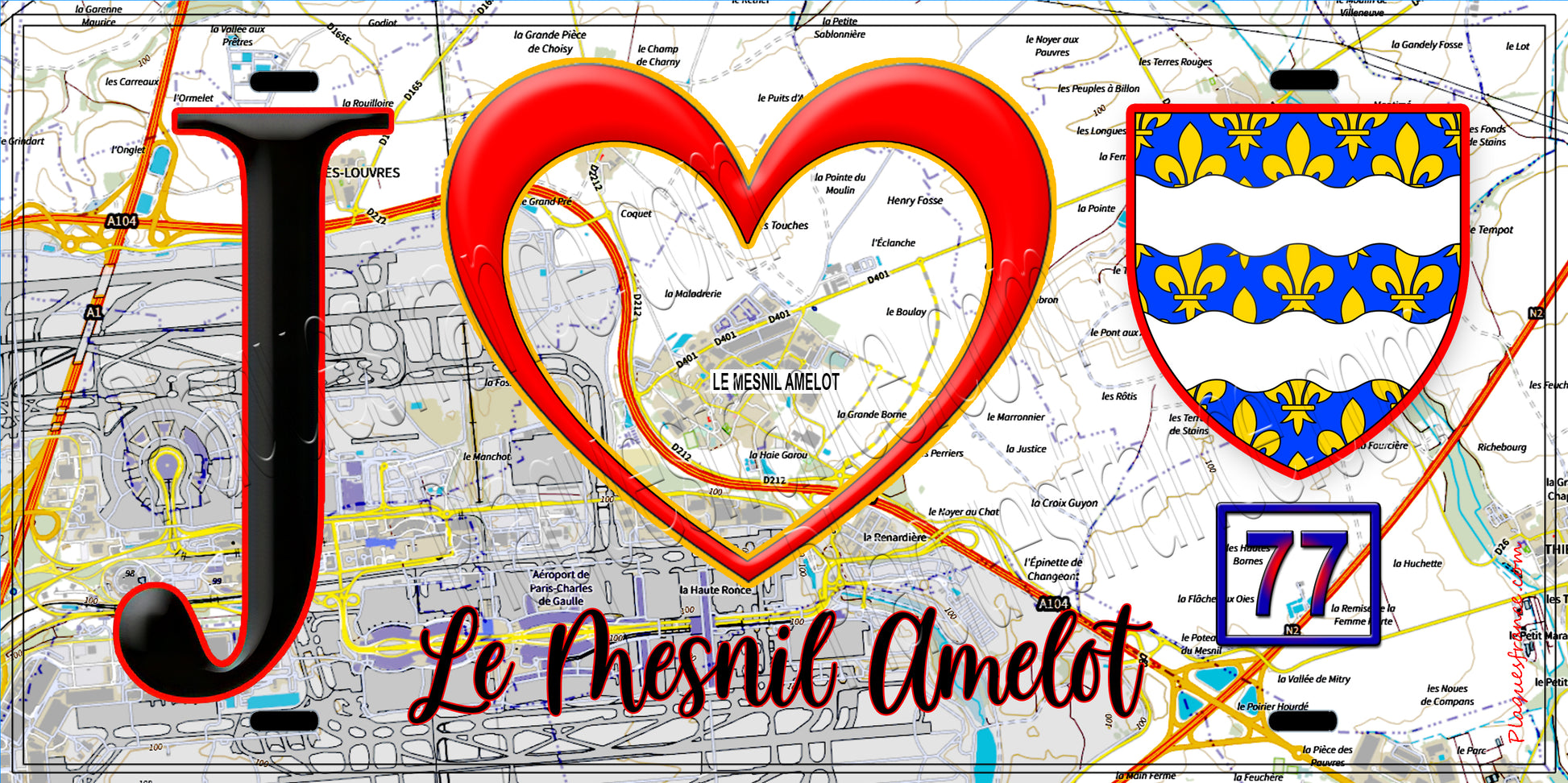 Plaque métal décorative  J' ❤️Le Mesnil-Amelot, Seine et Marne (77) fond carte