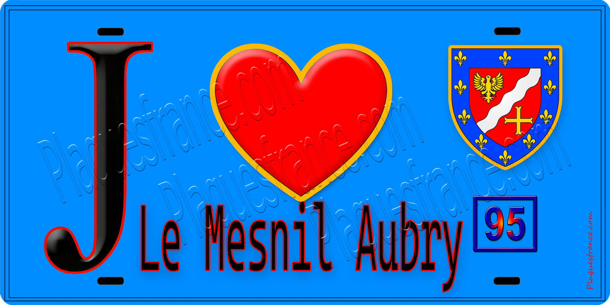 Plaque métal décorative  J' ❤️Le Mesnil-Aubry, Val d'Oise (95) fond bleu