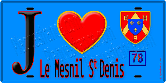 Plaque métal décorative  J' ❤️ Le Mesnil-Saint-Denis, Yvelines (78) fond bleu