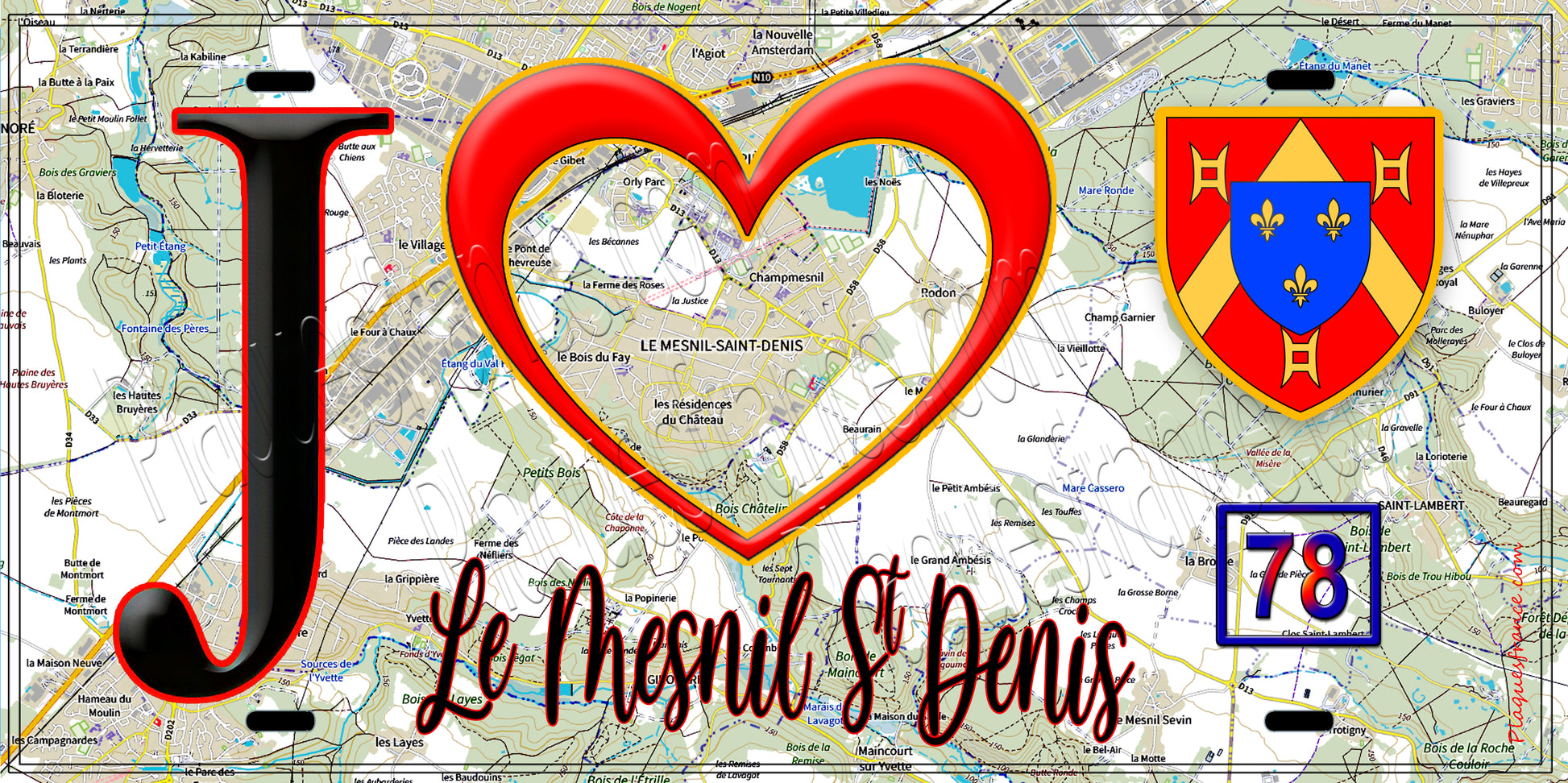 Plaque métal décorative  J' ❤️ Le Mesnil-Saint-Denis, Yvelines (78) fond carte