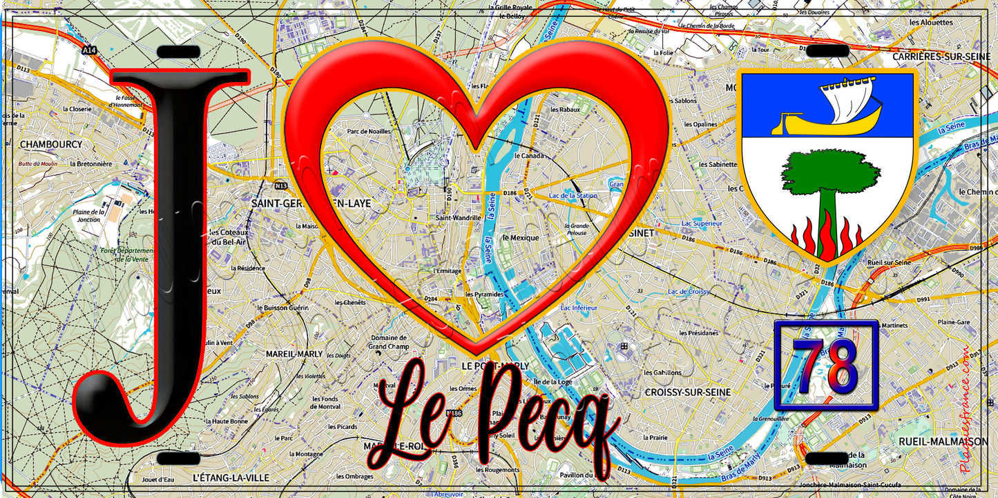 Plaque métal décorative  J' ❤️ Le Pecq, Yvelines (78) fond carte