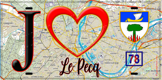 Plaque métal décorative  J' ❤️ Le Pecq, Yvelines (78) fond carte