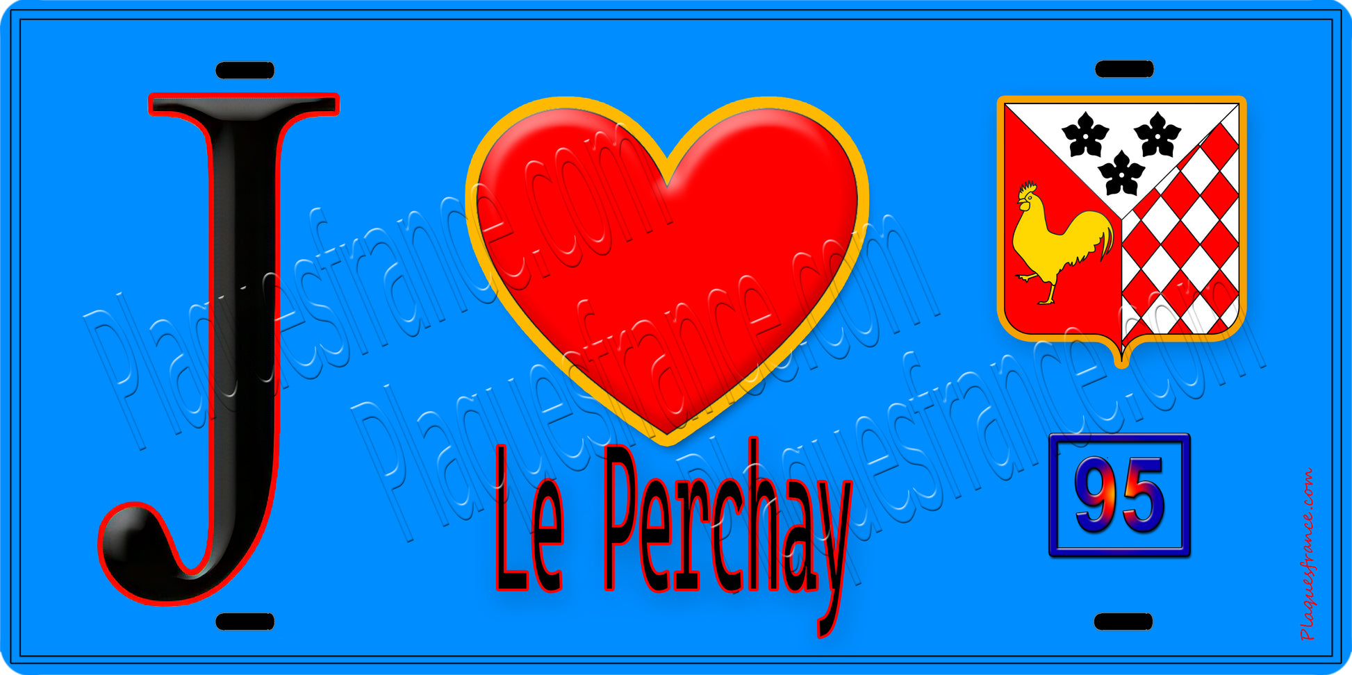 Plaque métal décorative  J' ❤️Le Perchay, Val d'Oise (95) fond bleu