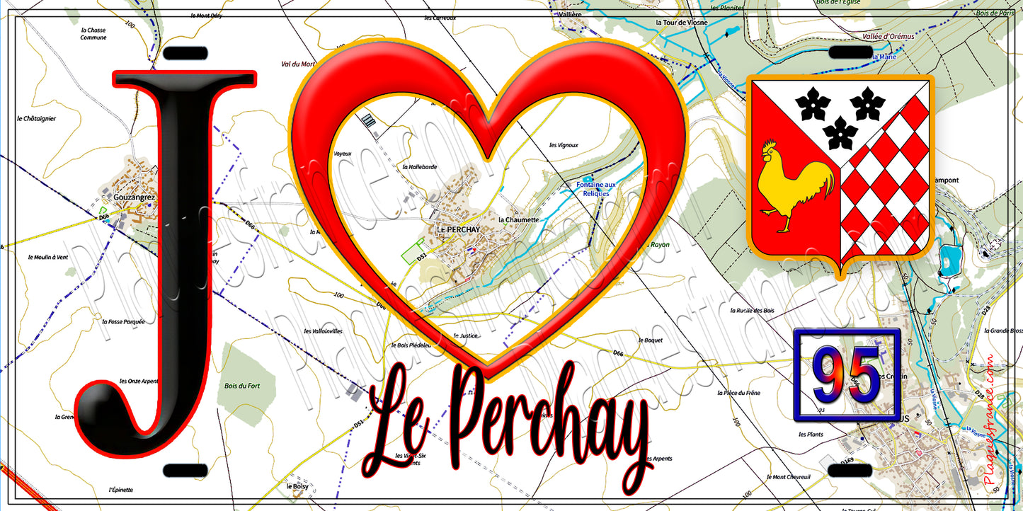Plaque métal décorative  J' ❤️Le Perchay, Val d'Oise (95) fond carte