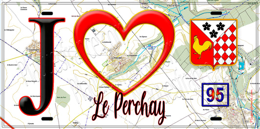 Plaque métal décorative  J' ❤️Le Perchay, Val d'Oise (95) fond carte