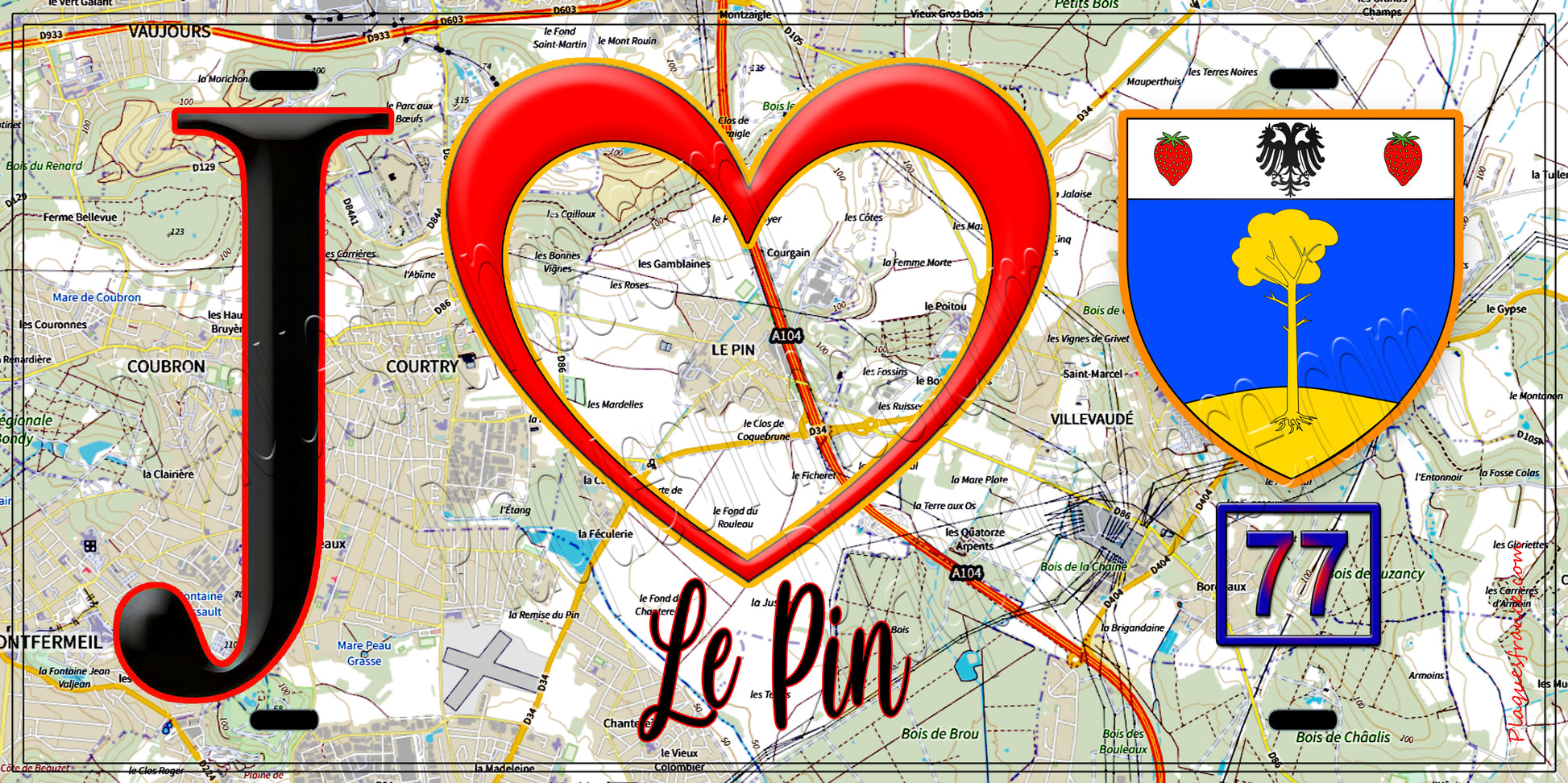 Plaque métal décorative  J' ❤️Le Pin, Seine et Marne (77) fond carte