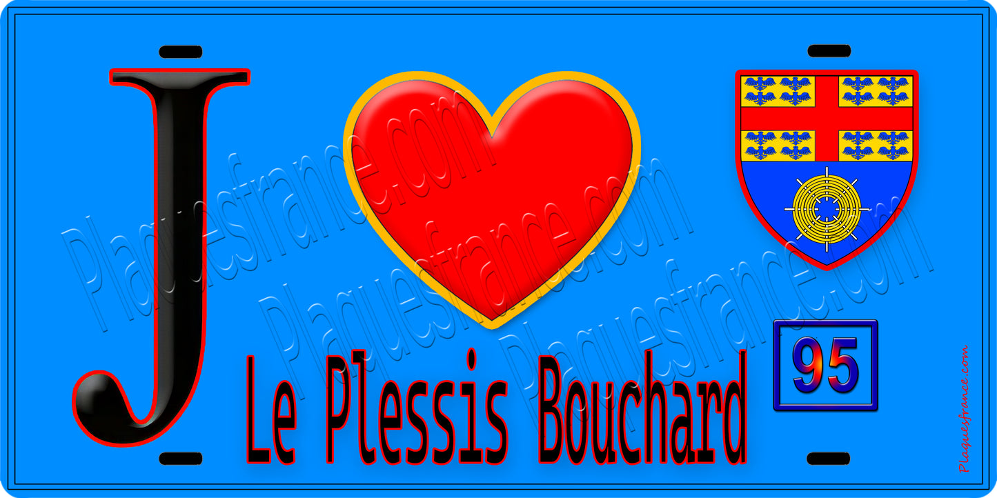 Plaque métal décorative  J' ❤️Le Plessis-Bouchard, Val d'Oise (95) fond bleu