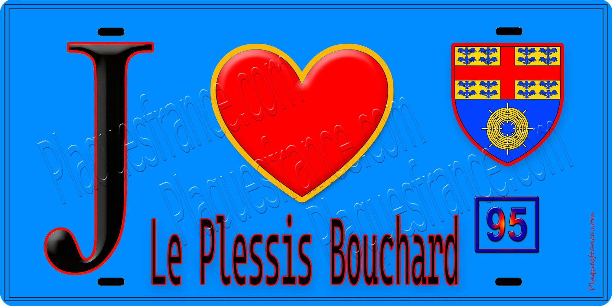 Plaque métal décorative  J' ❤️Le Plessis-Bouchard, Val d'Oise (95) fond bleu