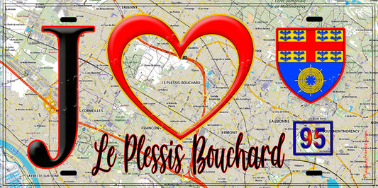 Plaque métal décorative  J' ❤️Le Plessis-Bouchard, Val d'Oise (95) fond carte