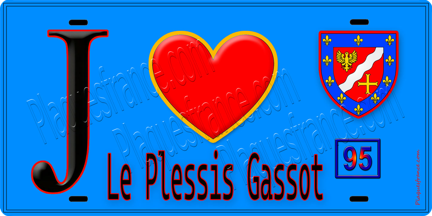 Plaque métal décorative  J' ❤️Le Plessis-Gassot, Val d'Oise (95) fond bleu
