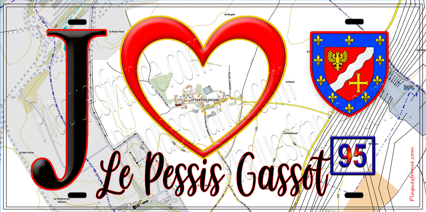 Plaque métal décorative  J' ❤️Le Plessis-Gassot, Val d'Oise (95) fond carte