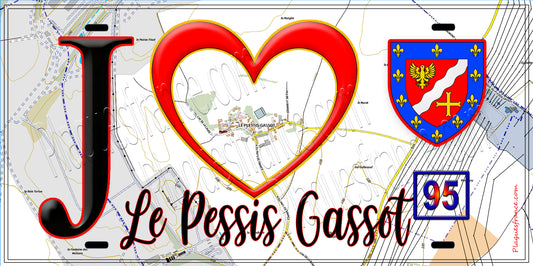 Plaque métal décorative  J' ❤️Le Plessis-Gassot, Val d'Oise (95) fond carte