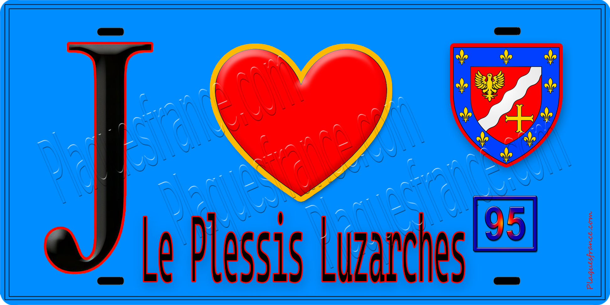 Plaque métal décorative  J' ❤️Le Plessis-Luzarches, Val d'Oise (95) fond bleu
