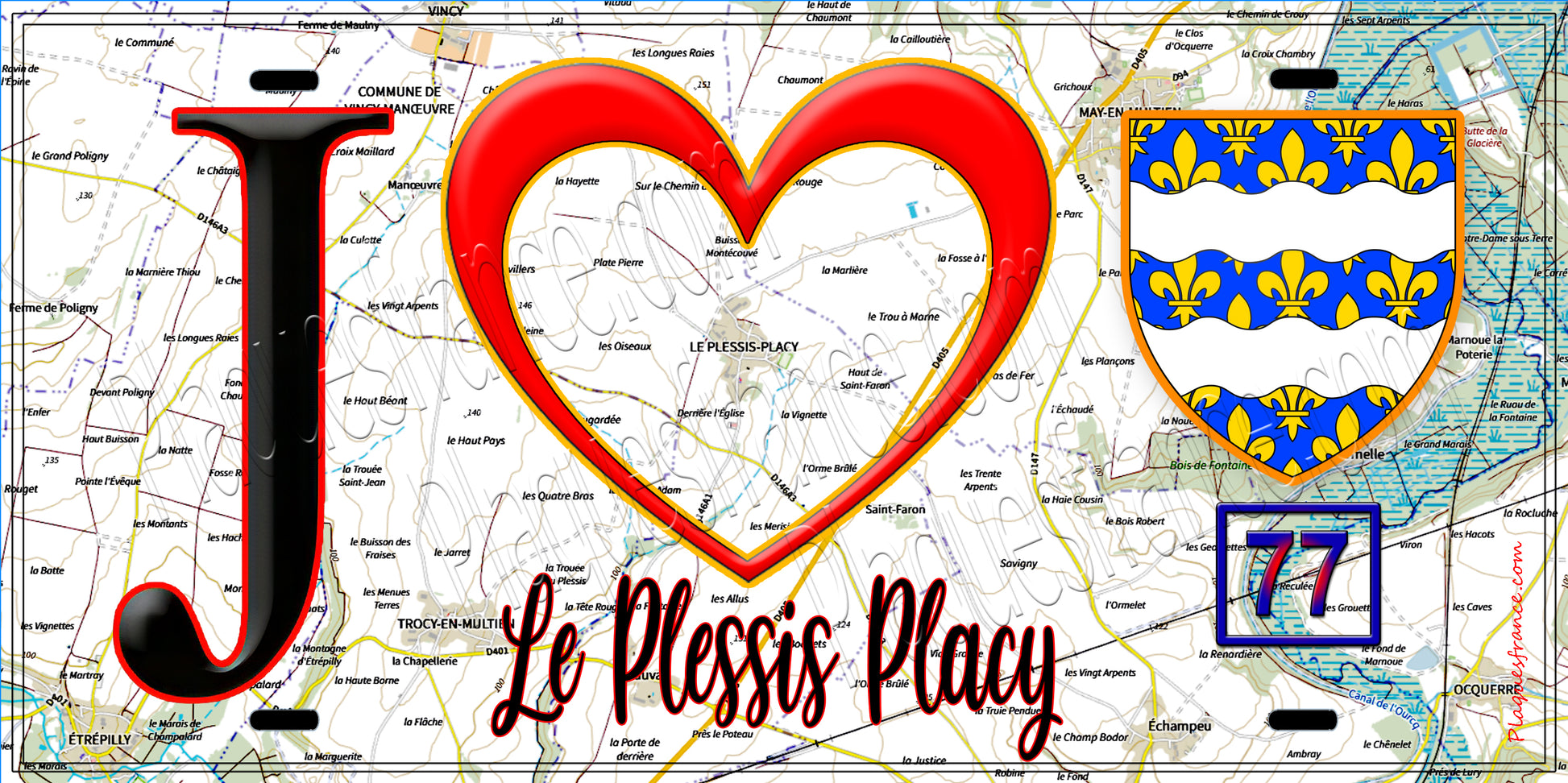 Plaque métal décorative  J' ❤️Le Plessis-Placy, Seine et Marne (77) fond carte