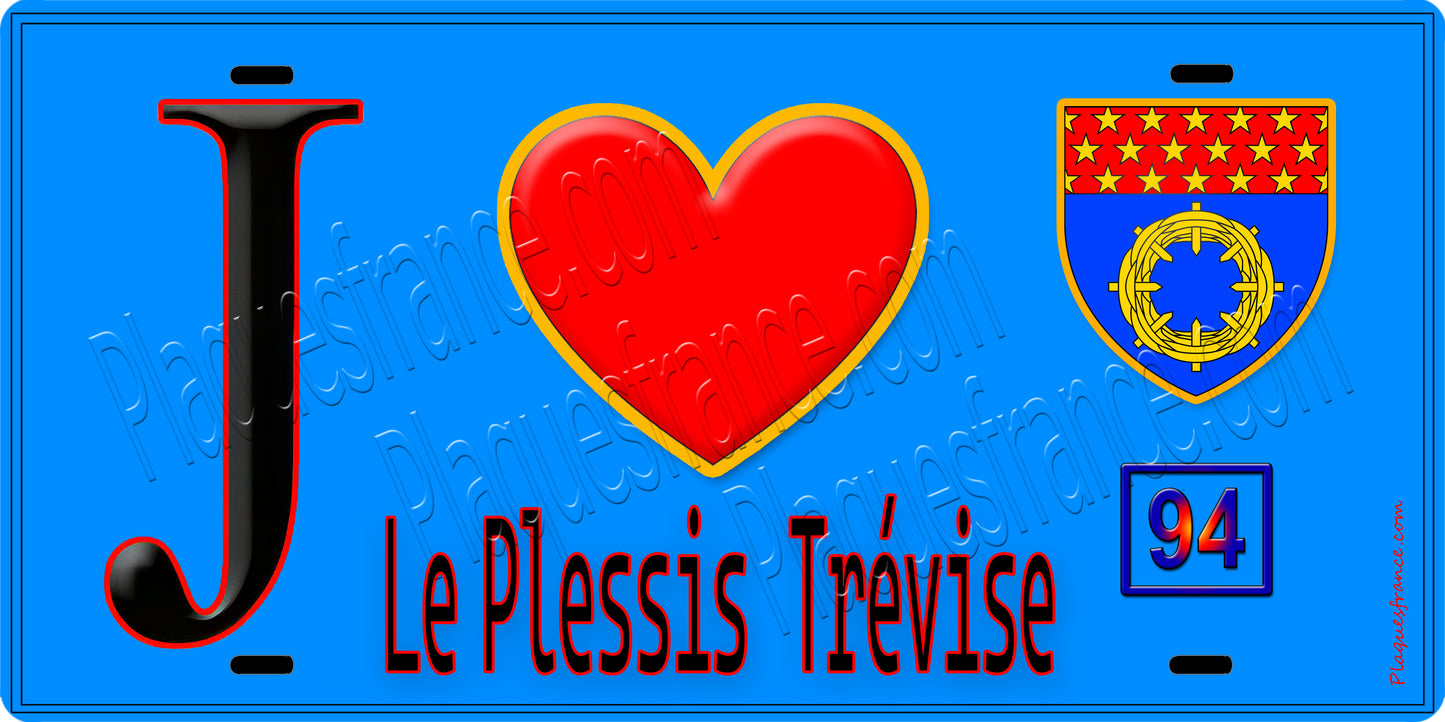 Plaque métal décorative  J' ❤️Le Plessis-Trévise, Val de Marne (94) fond bleu