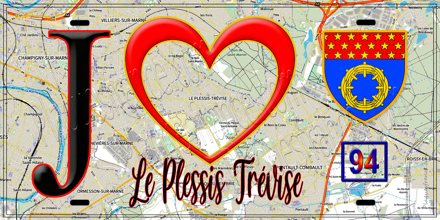 Plaque métal décorative  J' ❤️Le Plessis-Trévise, Val de Marne (94) fond carte