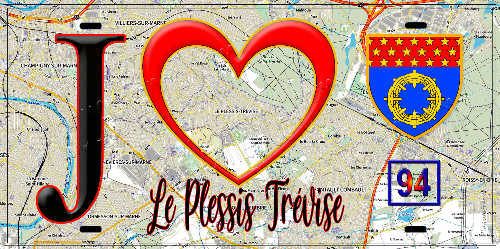 Plaque métal décorative  J' ❤️Le Plessis-Trévise, Val de Marne (94) fond carte