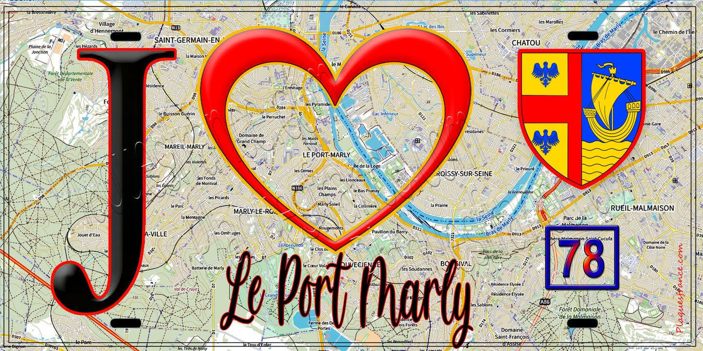 Plaque métal décorative  J' ❤️ Le Port-Marly, Yvelines (78) fond carte