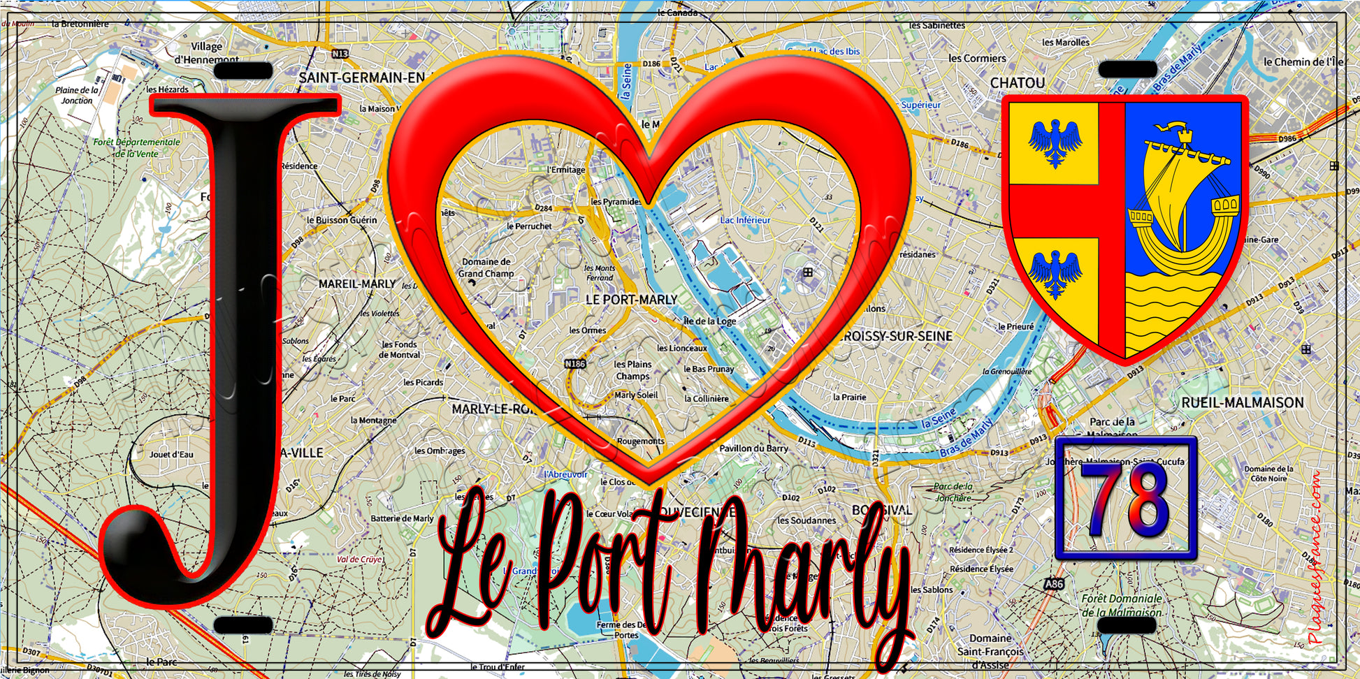 Plaque métal décorative  J' ❤️ Le Port-Marly, Yvelines (78) fond carte