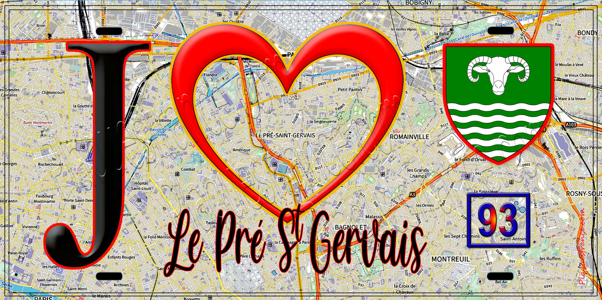 Plaque métal décorative  J' ❤️Le Pré-Saint-Gervais, Seine Saint Denis (93) fond carte