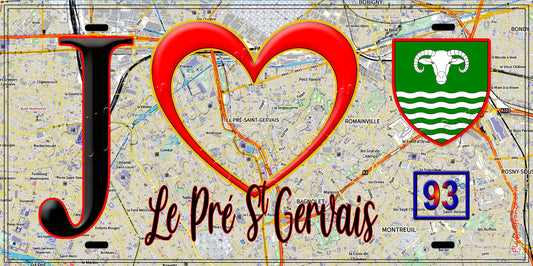Plaque métal décorative  J' ❤️Le Pré-Saint-Gervais, Seine Saint Denis (93) fond carte