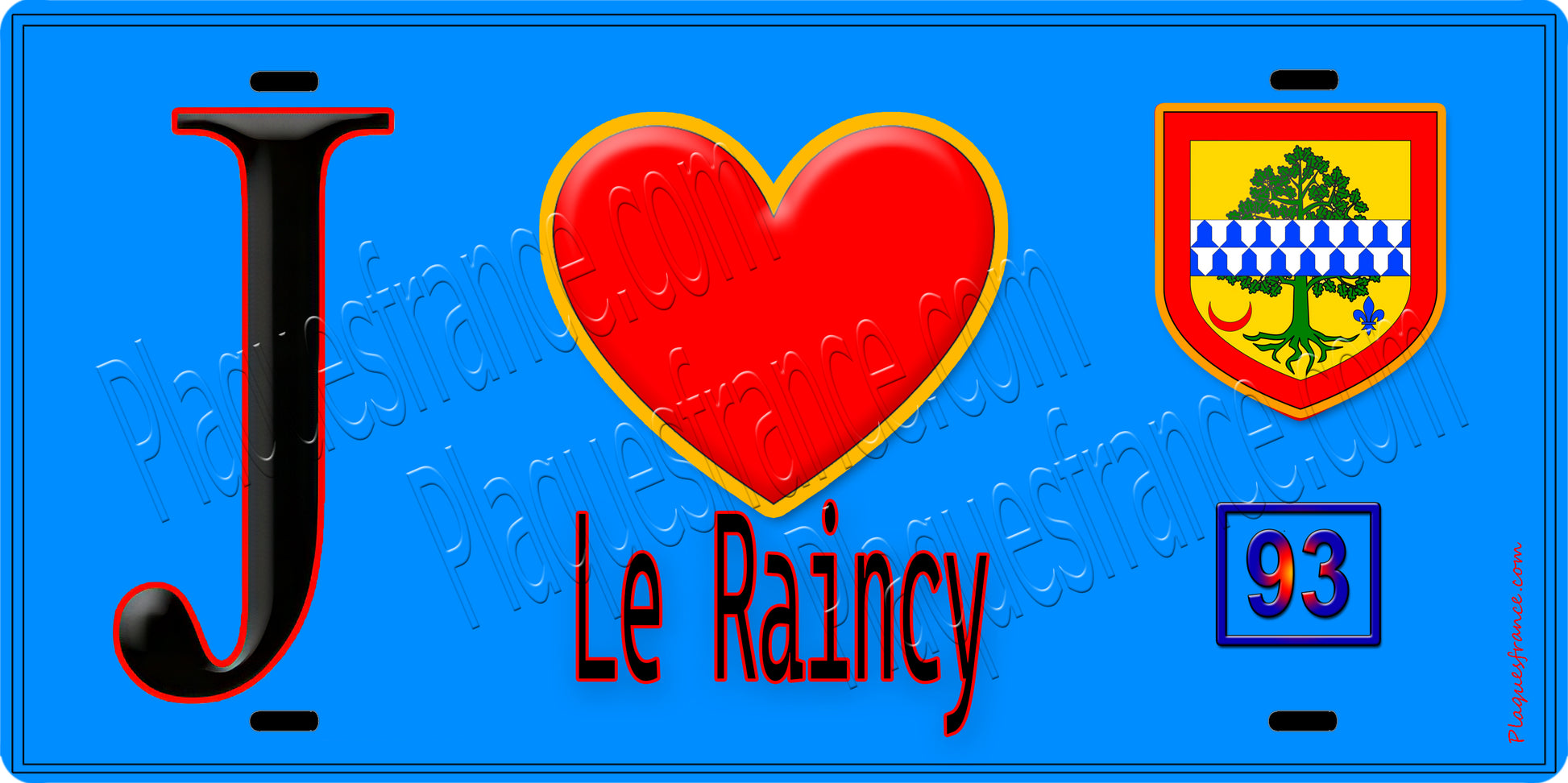 Plaque métal décorative  J' ❤️Le Raincy, Seine Saint Denis (93) fond bleu
