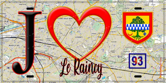Plaque métal décorative  J' ❤️Le Raincy, Seine Saint Denis (93) fond carte