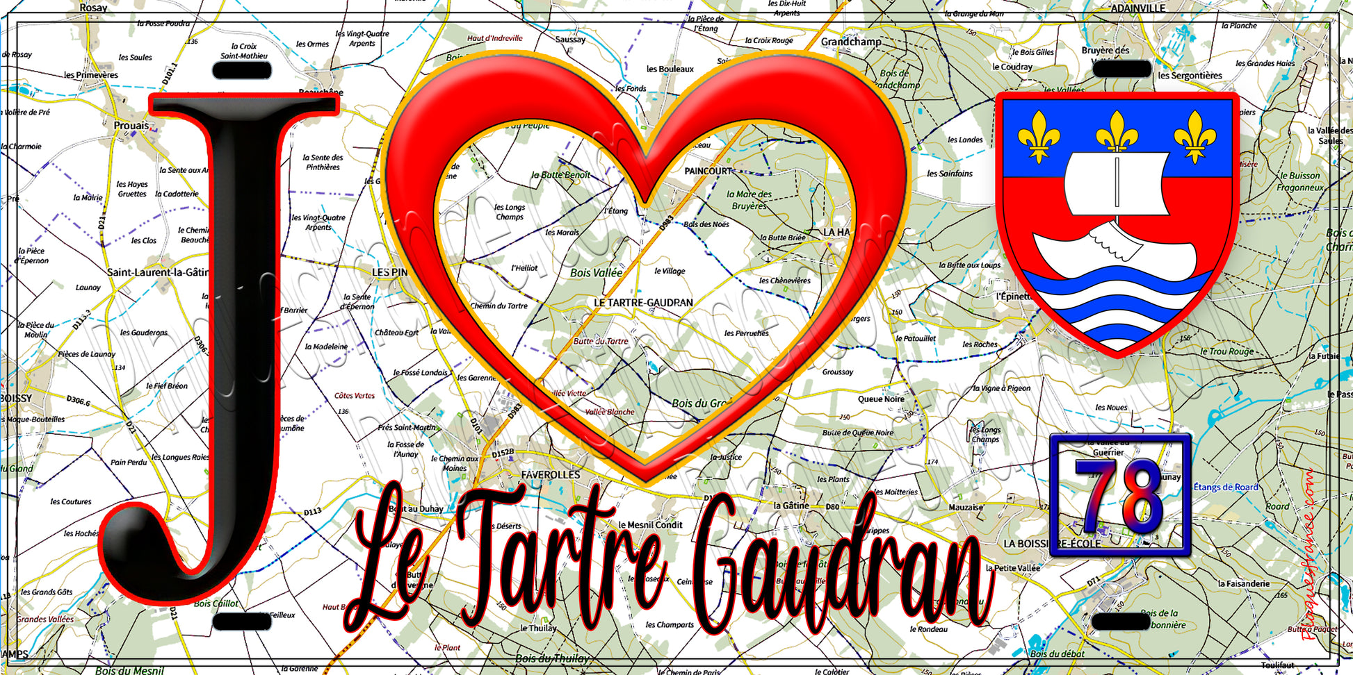 Plaque métal décorative  J' ❤️ Le Tartre-Gaudran, Yvelines (78) fond carte