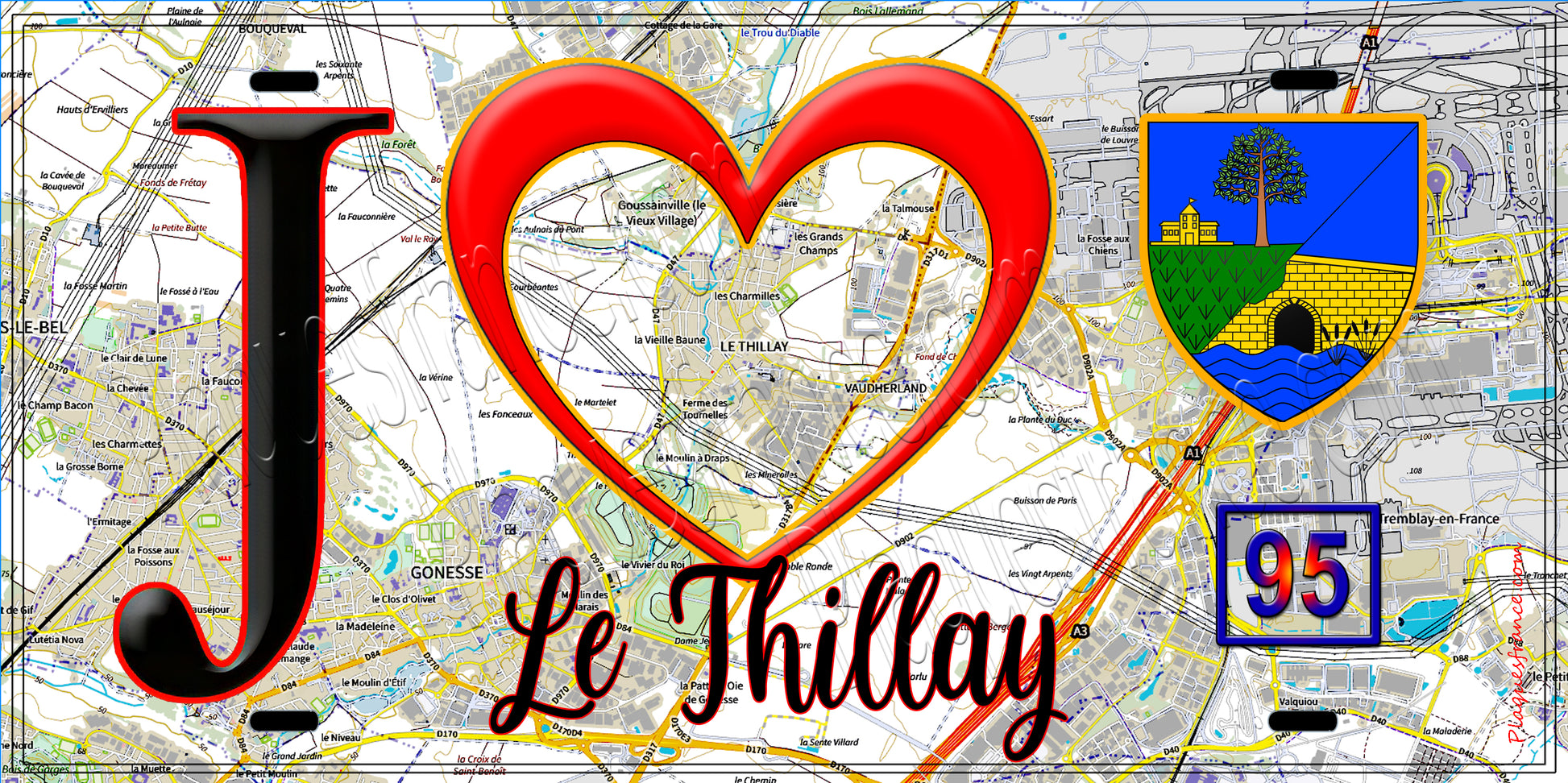 Plaque métal décorative  J' ❤️Le Thillay, Val d'Oise (95) fond carte