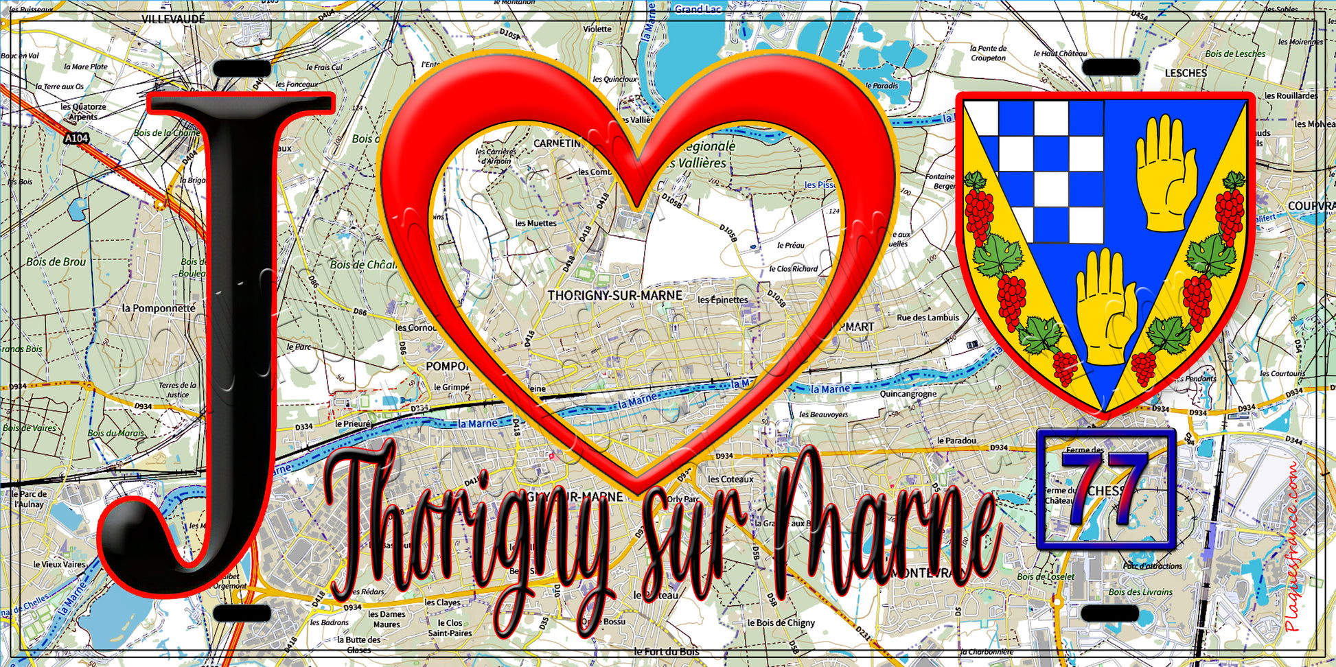 Plaque métal décorative  J' ❤️Thorigny-sur-Marne, Seine et Marne (77) fond carte