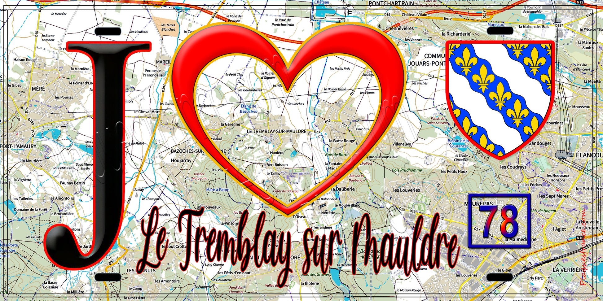 Plaque métal décorative  J' ❤️ Le Tremblay-sur-Mauldre, Yvelines (78) fond carte