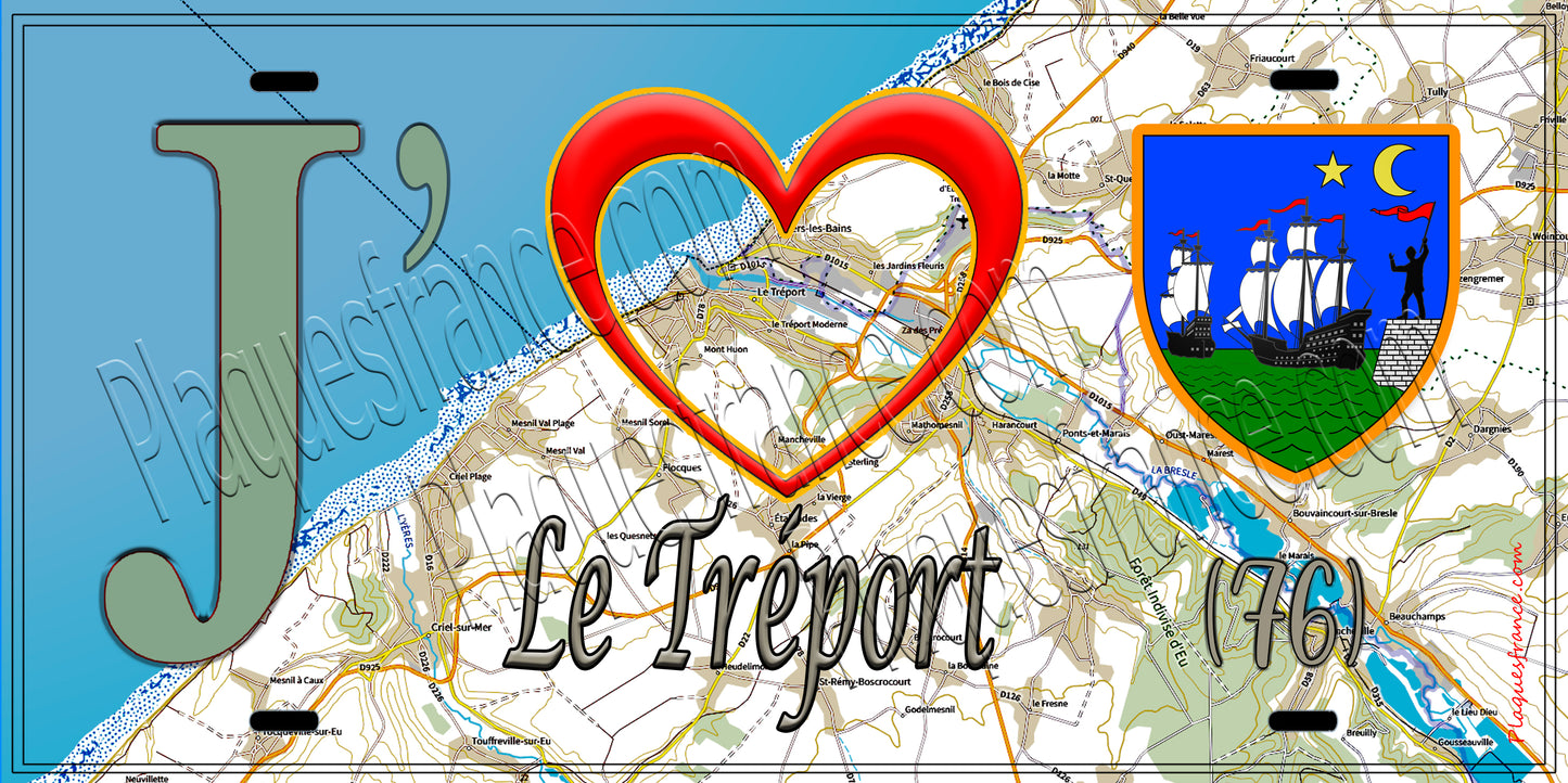 Plaque métal décorative  J' ❤️ Le Tréport, Seine Maritime (76) géo