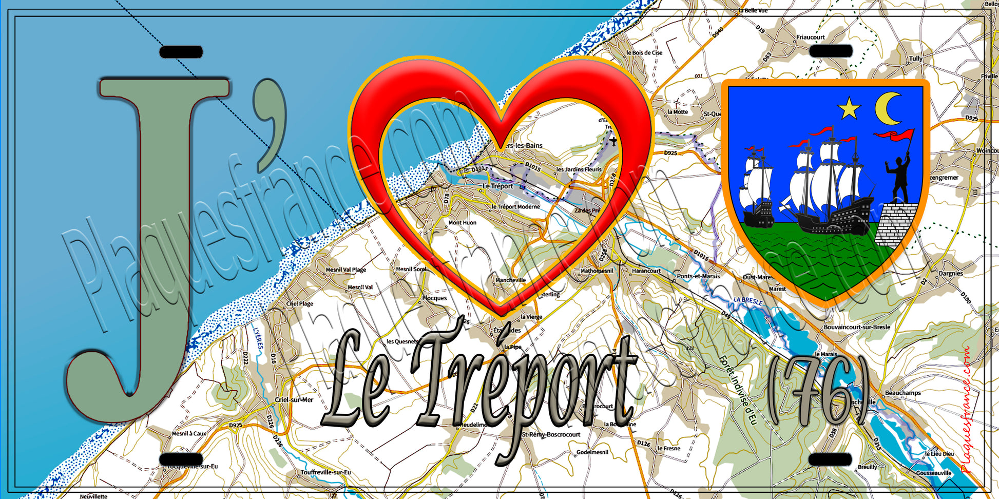 Plaque métal décorative  J' ❤️ Le Tréport, Seine Maritime (76) géo