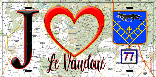 Plaque métal décorative  J' ❤️Le Vaudoué, Seine et Marne (77) fond carte