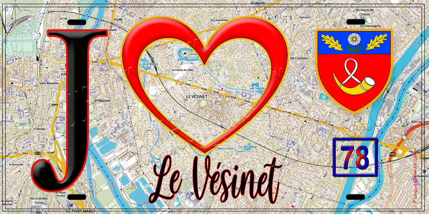 Plaque métal décorative  J' ❤️ Le Vésinet, Yvelines (78) fond carte