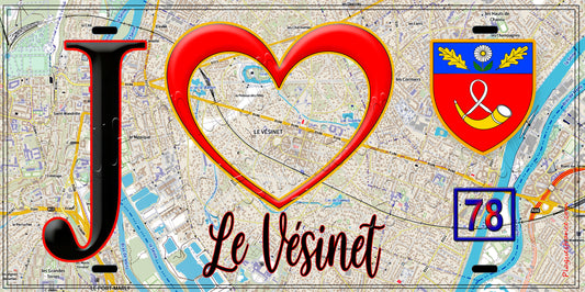 Plaque métal décorative  J' ❤️ Le Vésinet, Yvelines (78) fond carte