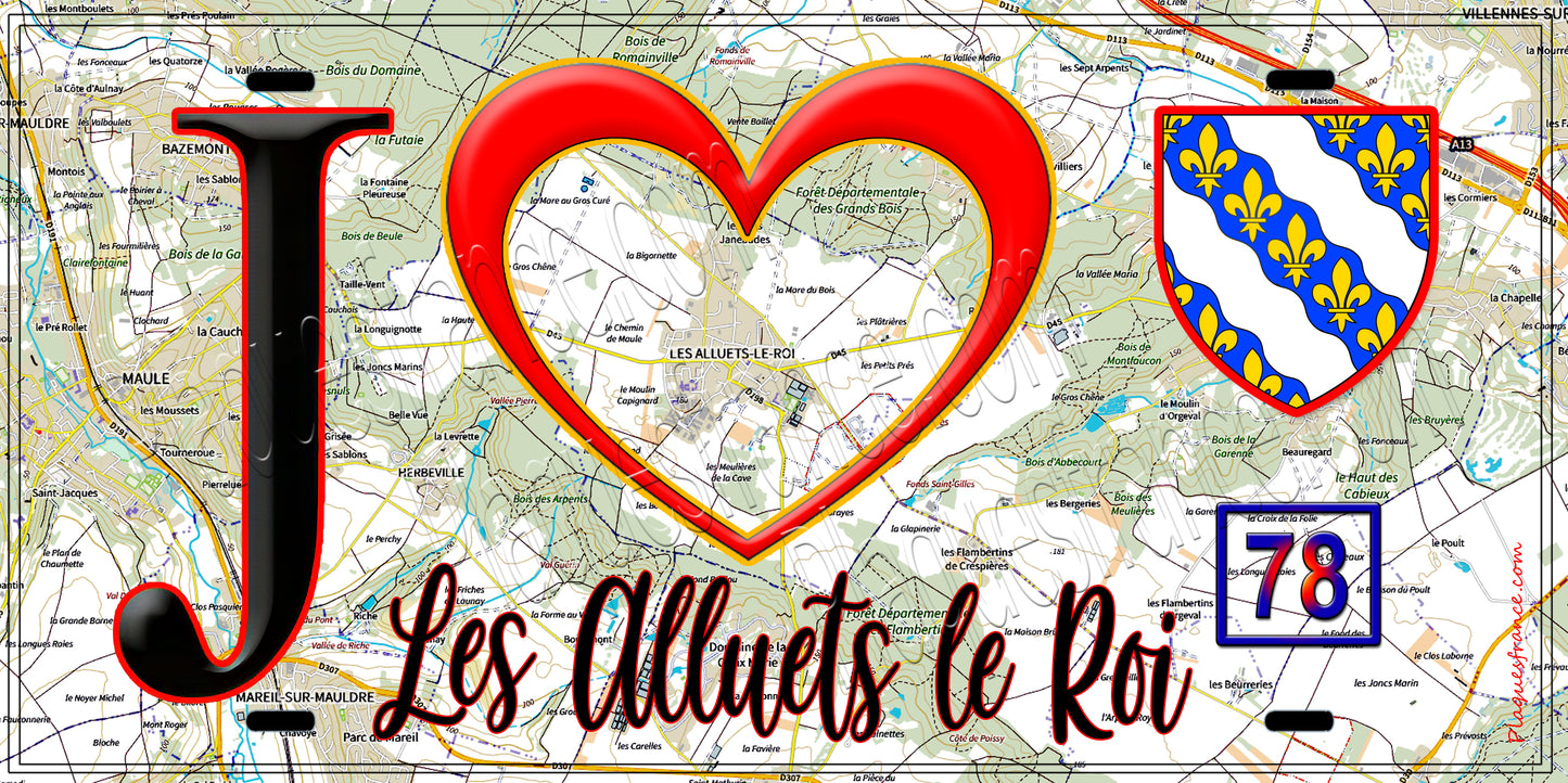 Plaque métal décorative  J' ❤️ Les Alluets-le-Roi, Yvelines (78) fond carte