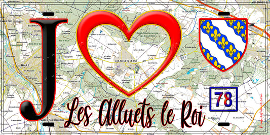 Plaque métal décorative  J' ❤️ Les Alluets-le-Roi, Yvelines (78) fond carte