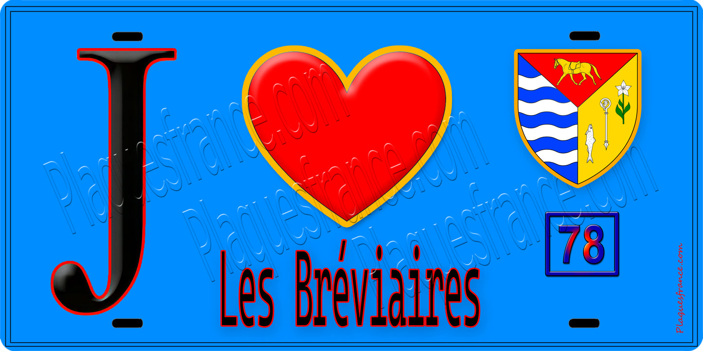 Plaque métal décorative  J' ❤️ Les Bréviaires, Yvelines (78) fond bleu