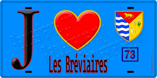 Plaque métal décorative  J' ❤️ Les Bréviaires, Yvelines (78) fond bleu