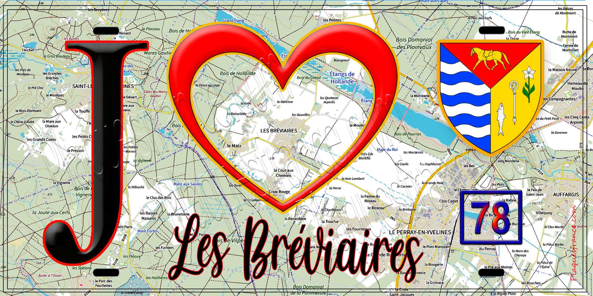 Plaque métal décorative  J' ❤️ Les Bréviaires, Yvelines (78) fond carte